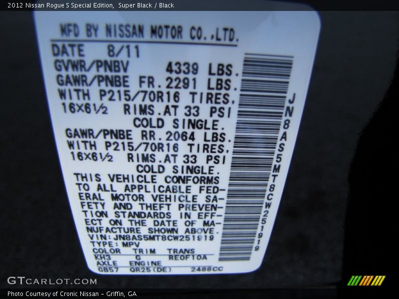 Super Black / Black 2012 Nissan Rogue S Special Edition