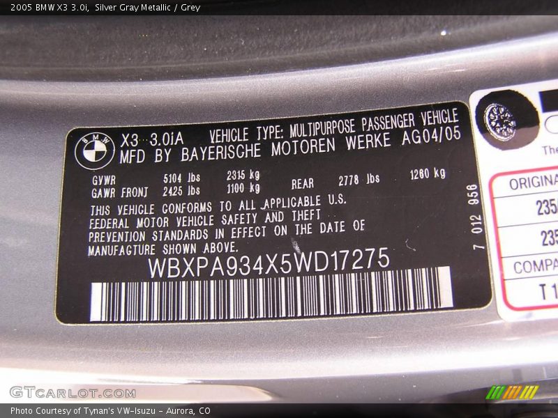 Silver Gray Metallic / Grey 2005 BMW X3 3.0i