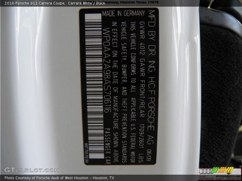 Carrara White / Black 2010 Porsche 911 Carrera Coupe