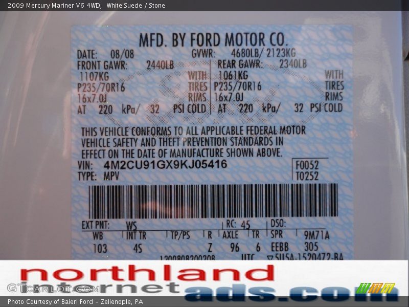 White Suede / Stone 2009 Mercury Mariner V6 4WD