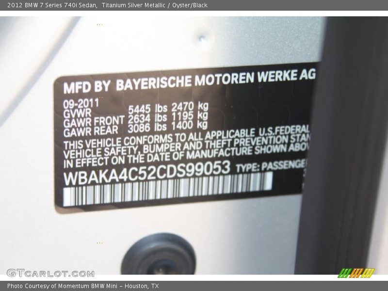 Titanium Silver Metallic / Oyster/Black 2012 BMW 7 Series 740i Sedan