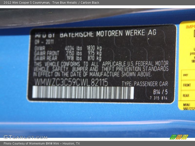 True Blue Metallic / Carbon Black 2012 Mini Cooper S Countryman