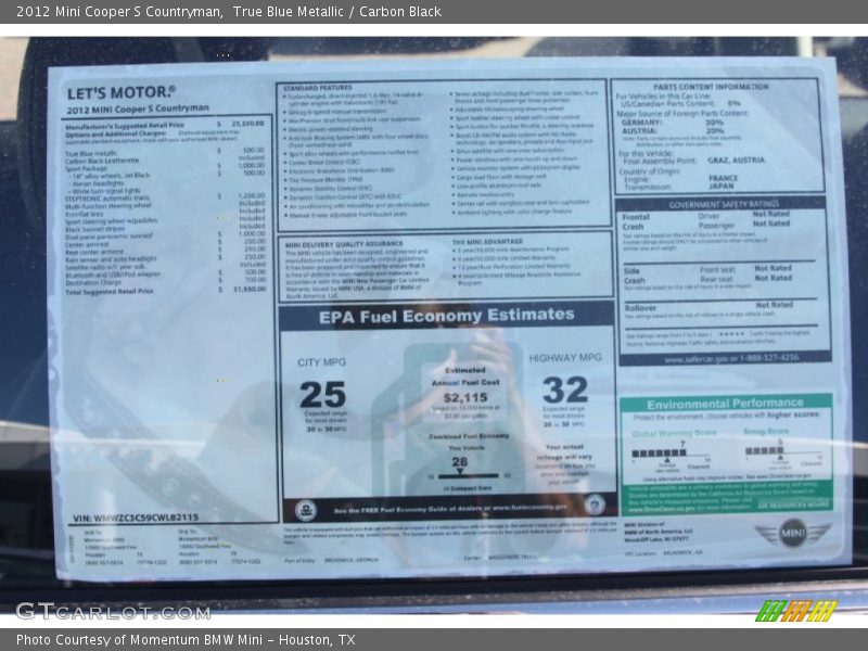  2012 Cooper S Countryman Window Sticker