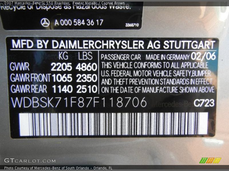 Pewter Metallic / Cognac Brown 2007 Mercedes-Benz SL 550 Roadster