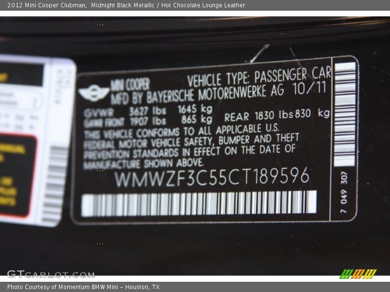 Midnight Black Metallic / Hot Chocolate Lounge Leather 2012 Mini Cooper Clubman