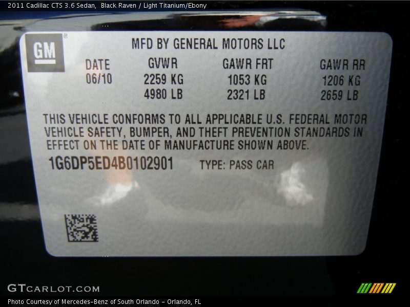 Info Tag of 2011 CTS 3.6 Sedan