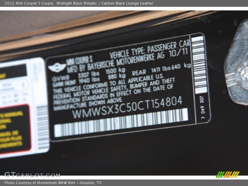 Midnight Black Metallic / Carbon Black Lounge Leather 2012 Mini Cooper S Coupe