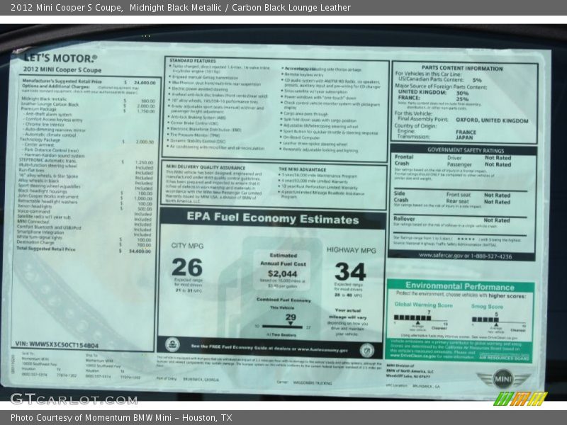 Midnight Black Metallic / Carbon Black Lounge Leather 2012 Mini Cooper S Coupe