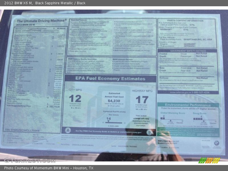  2012 X6 M  Window Sticker