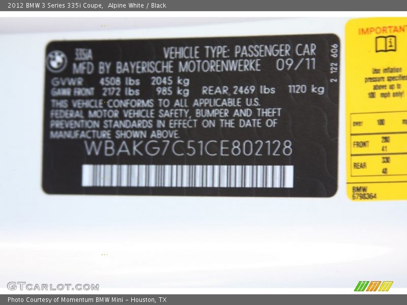 Alpine White / Black 2012 BMW 3 Series 335i Coupe