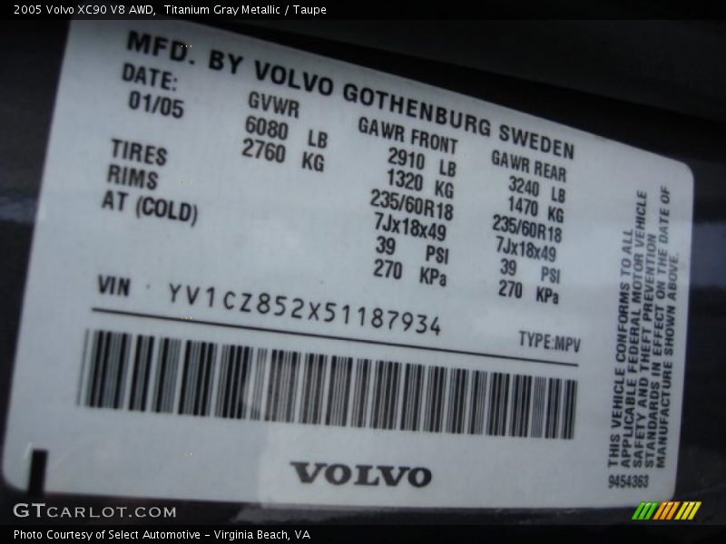 Titanium Gray Metallic / Taupe 2005 Volvo XC90 V8 AWD
