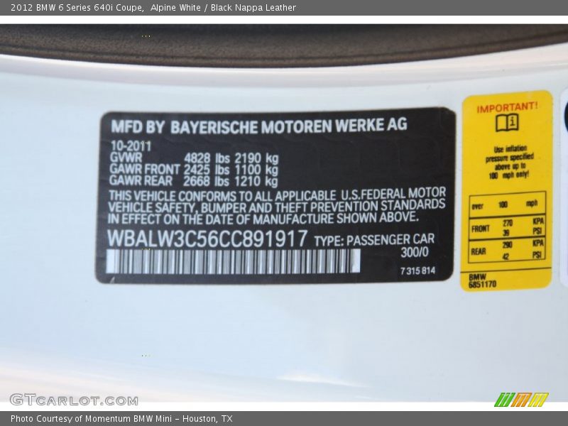Info Tag of 2012 6 Series 640i Coupe