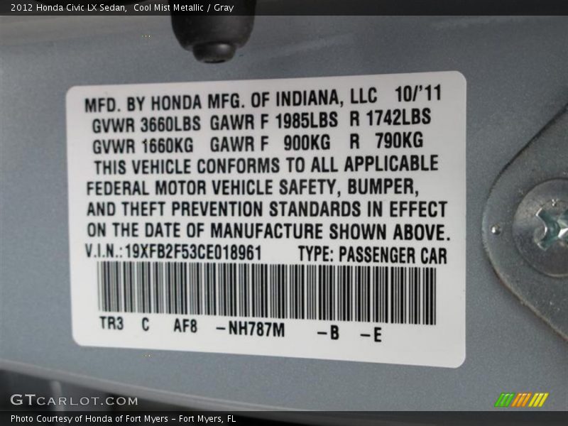 2012 Civic LX Sedan Cool Mist Metallic Color Code NH787M