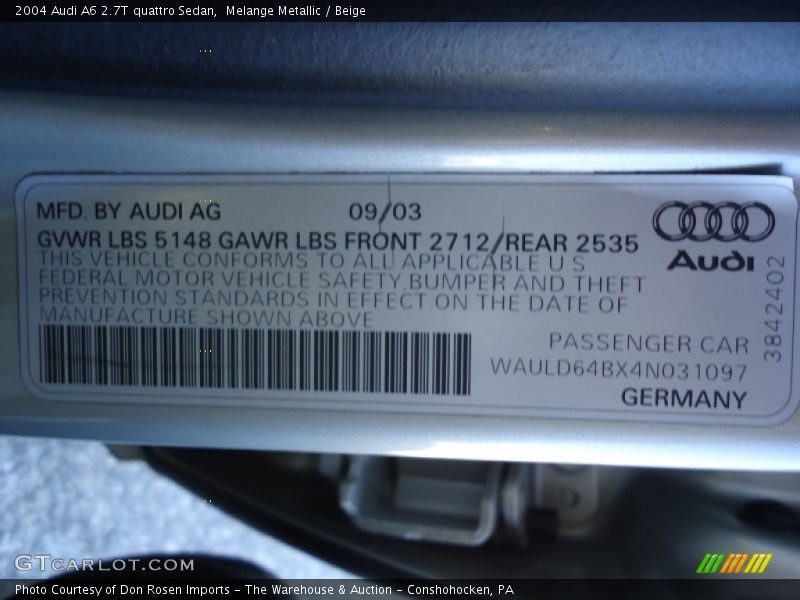 Info Tag of 2004 A6 2.7T quattro Sedan