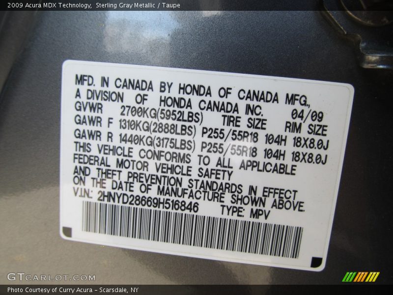 Sterling Gray Metallic / Taupe 2009 Acura MDX Technology