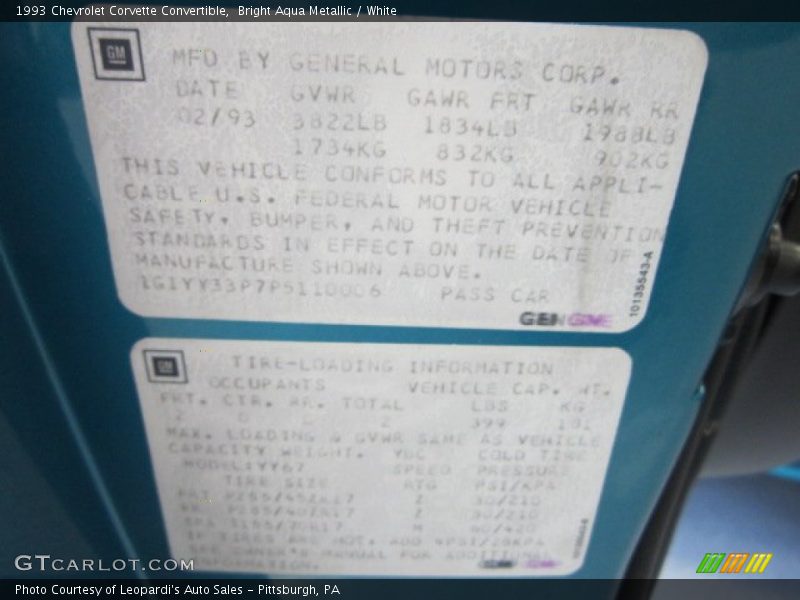 Info Tag of 1993 Corvette Convertible