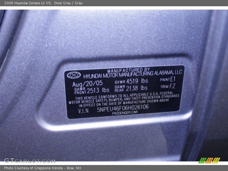 Steel Gray / Gray 2006 Hyundai Sonata LX V6