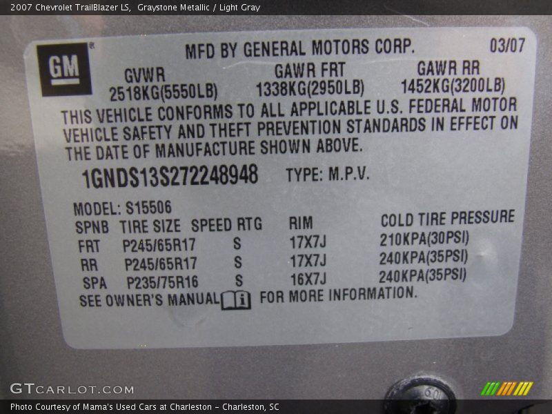 Graystone Metallic / Light Gray 2007 Chevrolet TrailBlazer LS