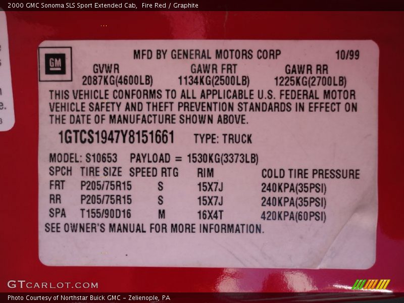 Info Tag of 2000 Sonoma SLS Sport Extended Cab