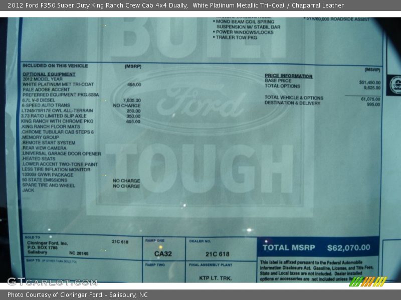  2012 F350 Super Duty King Ranch Crew Cab 4x4 Dually Window Sticker