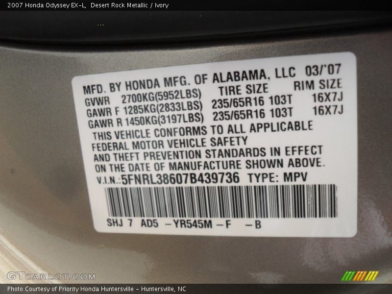 Desert Rock Metallic / Ivory 2007 Honda Odyssey EX-L