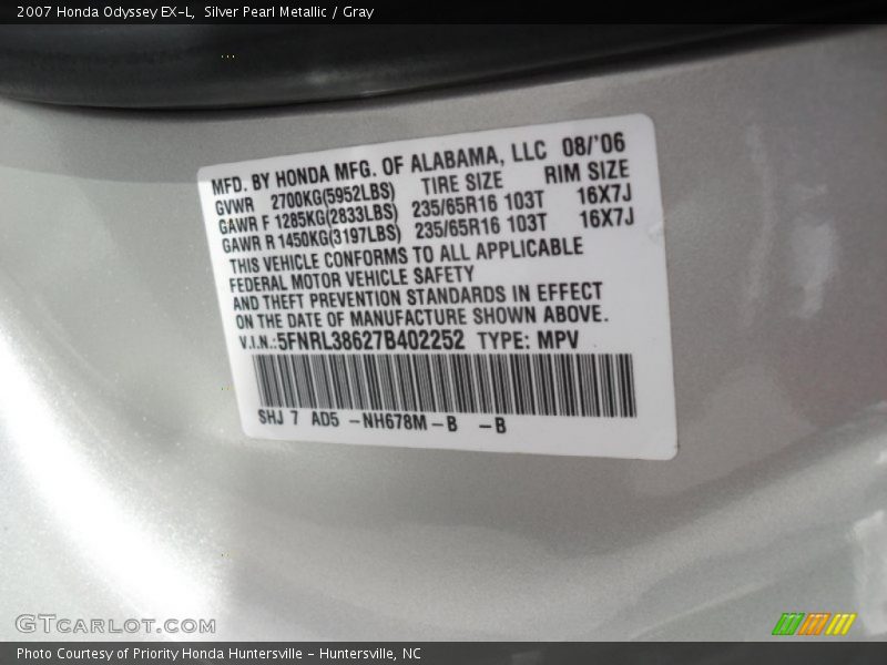 Silver Pearl Metallic / Gray 2007 Honda Odyssey EX-L