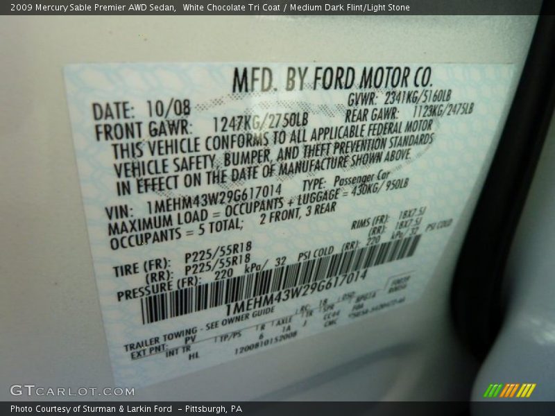 2009 Sable Premier AWD Sedan White Chocolate Tri Coat Color Code PV