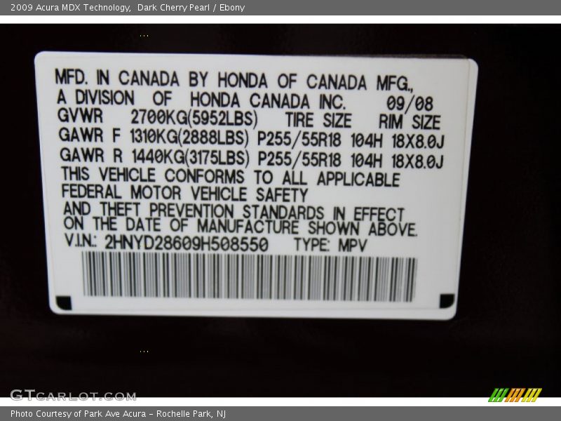 Dark Cherry Pearl / Ebony 2009 Acura MDX Technology