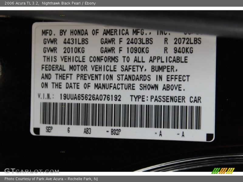 2006 TL 3.2 Nighthawk Black Pearl Color Code B92P