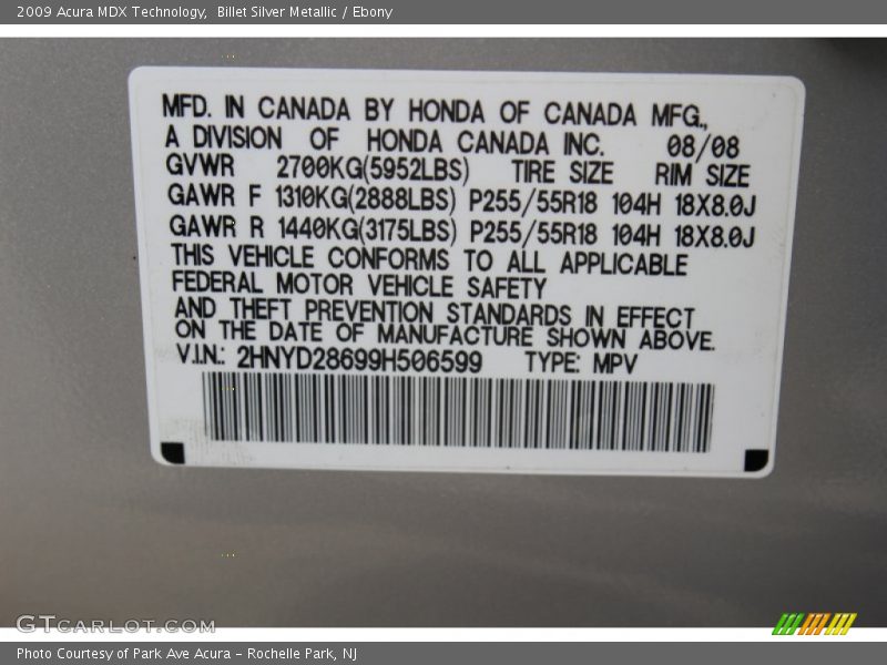 Billet Silver Metallic / Ebony 2009 Acura MDX Technology
