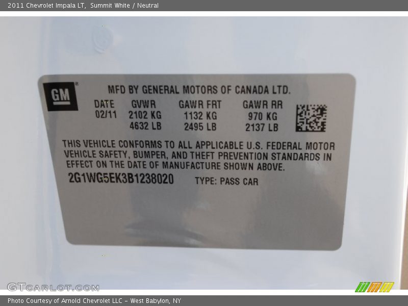 Summit White / Neutral 2011 Chevrolet Impala LT
