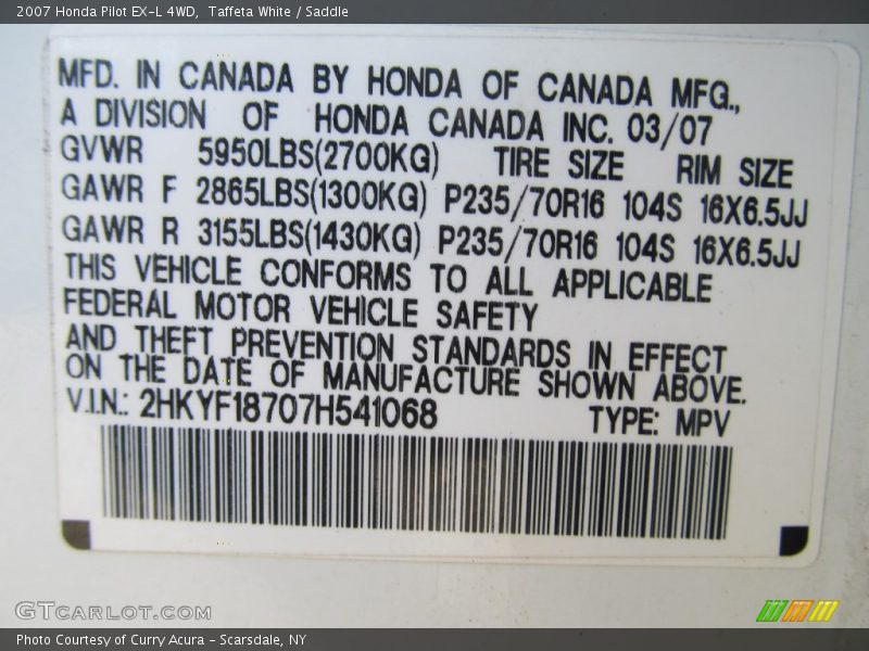 Taffeta White / Saddle 2007 Honda Pilot EX-L 4WD