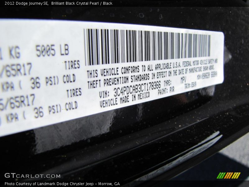 Brilliant Black Crystal Pearl / Black 2012 Dodge Journey SE