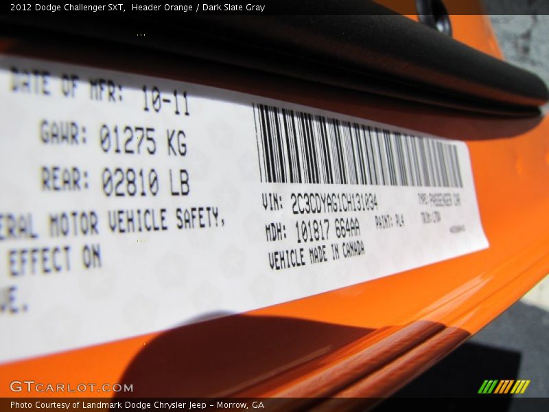 Header Orange / Dark Slate Gray 2012 Dodge Challenger SXT