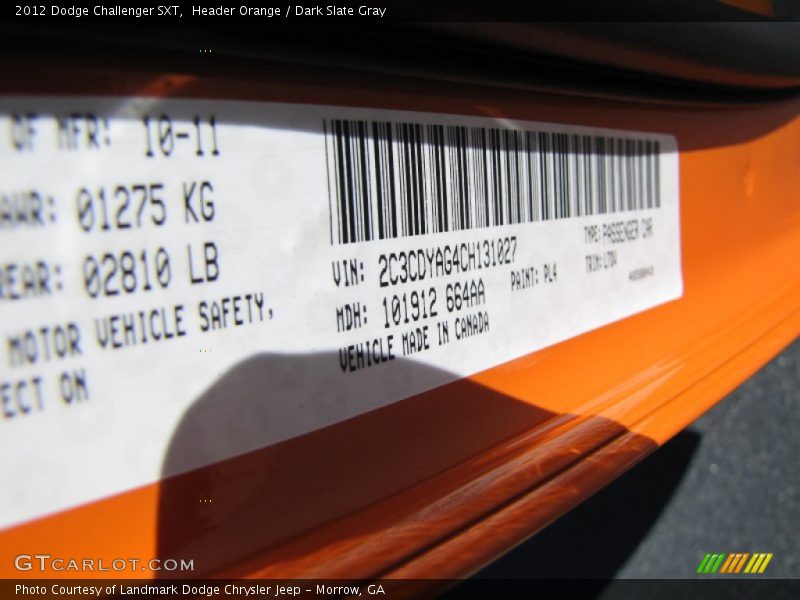 Header Orange / Dark Slate Gray 2012 Dodge Challenger SXT