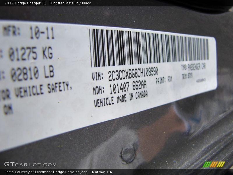 Tungsten Metallic / Black 2012 Dodge Charger SE