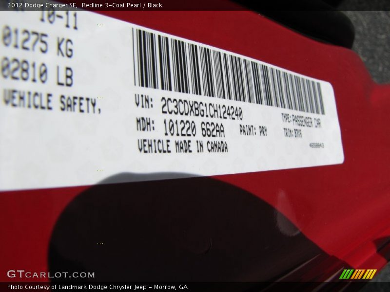 Redline 3-Coat Pearl / Black 2012 Dodge Charger SE