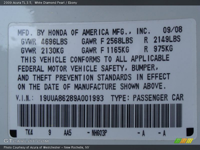 White Diamond Pearl / Ebony 2009 Acura TL 3.5