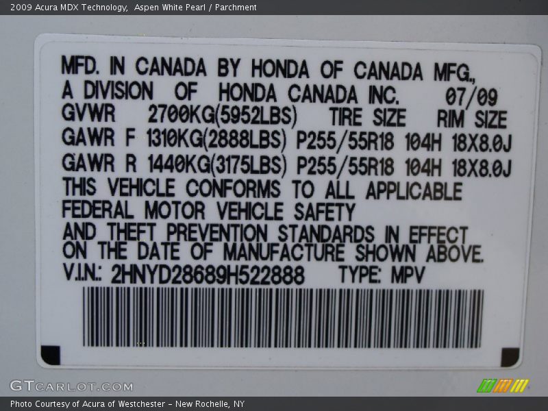 Aspen White Pearl / Parchment 2009 Acura MDX Technology