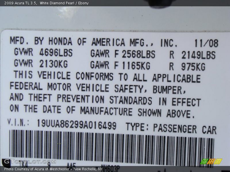 White Diamond Pearl / Ebony 2009 Acura TL 3.5