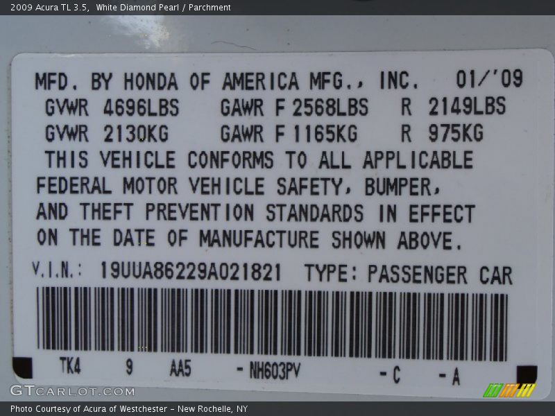 White Diamond Pearl / Parchment 2009 Acura TL 3.5