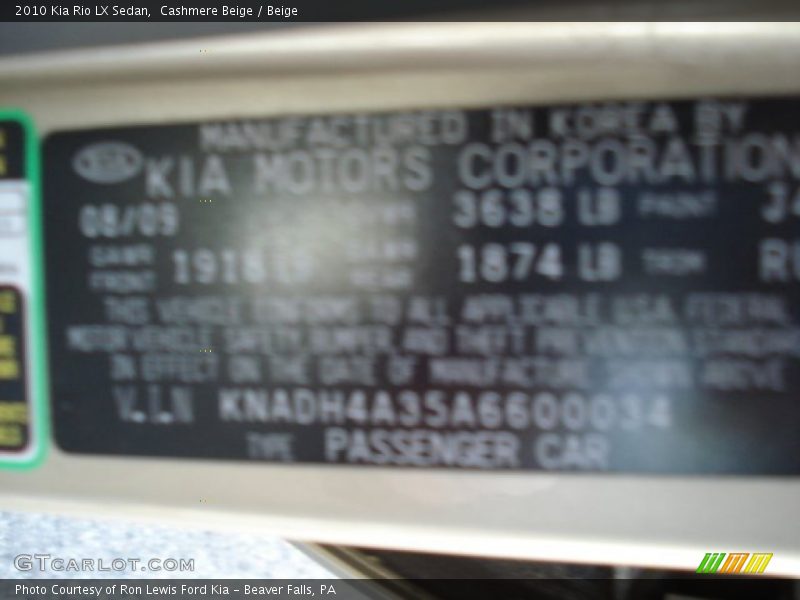 Cashmere Beige / Beige 2010 Kia Rio LX Sedan