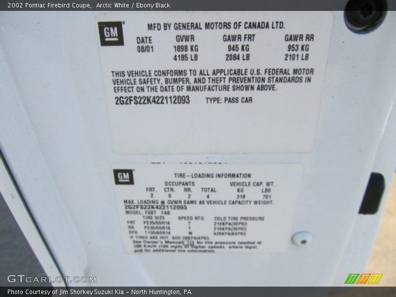 Arctic White / Ebony Black 2002 Pontiac Firebird Coupe