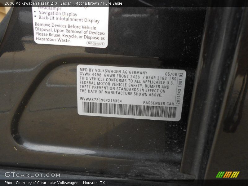 Mocha Brown / Pure Beige 2006 Volkswagen Passat 2.0T Sedan