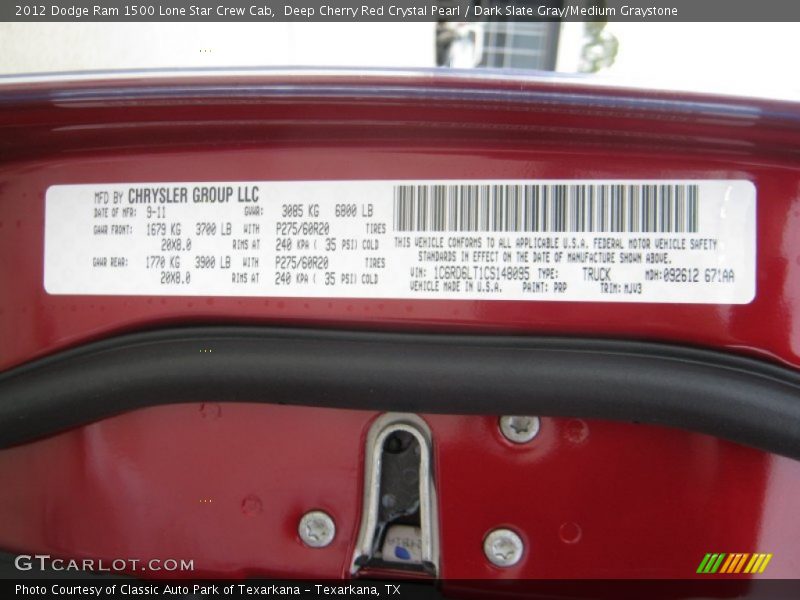 2012 Ram 1500 Lone Star Crew Cab Deep Cherry Red Crystal Pearl Color Code PRP
