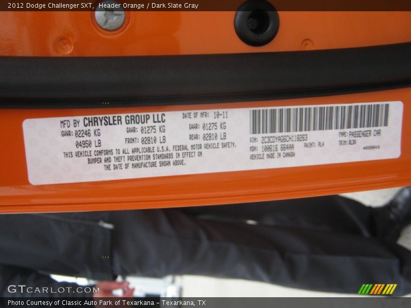 Header Orange / Dark Slate Gray 2012 Dodge Challenger SXT