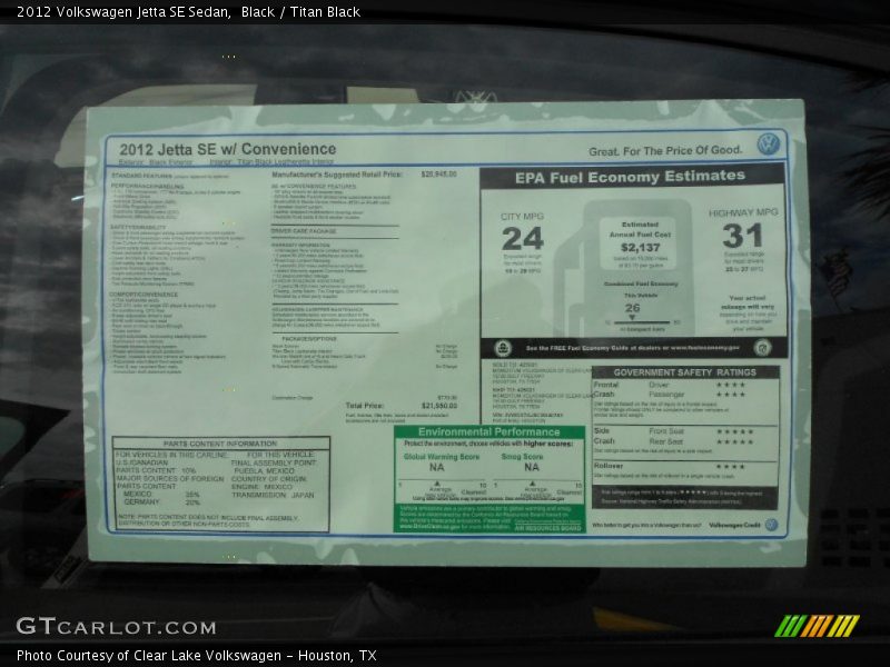 Black / Titan Black 2012 Volkswagen Jetta SE Sedan