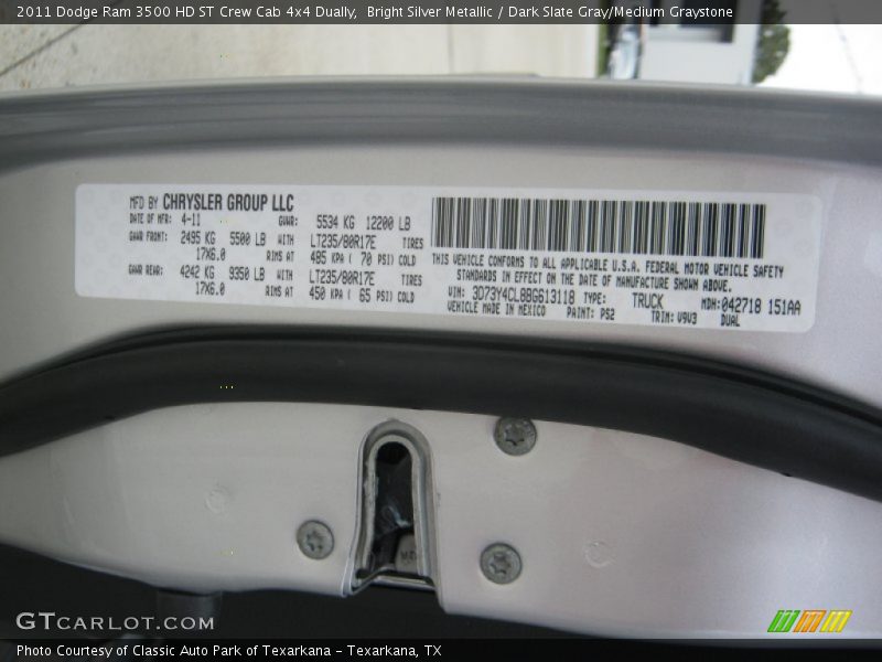 Bright Silver Metallic / Dark Slate Gray/Medium Graystone 2011 Dodge Ram 3500 HD ST Crew Cab 4x4 Dually