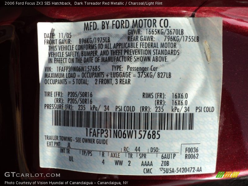2006 Focus ZX3 SES Hatchback Dark Toreador Red Metallic Color Code JL