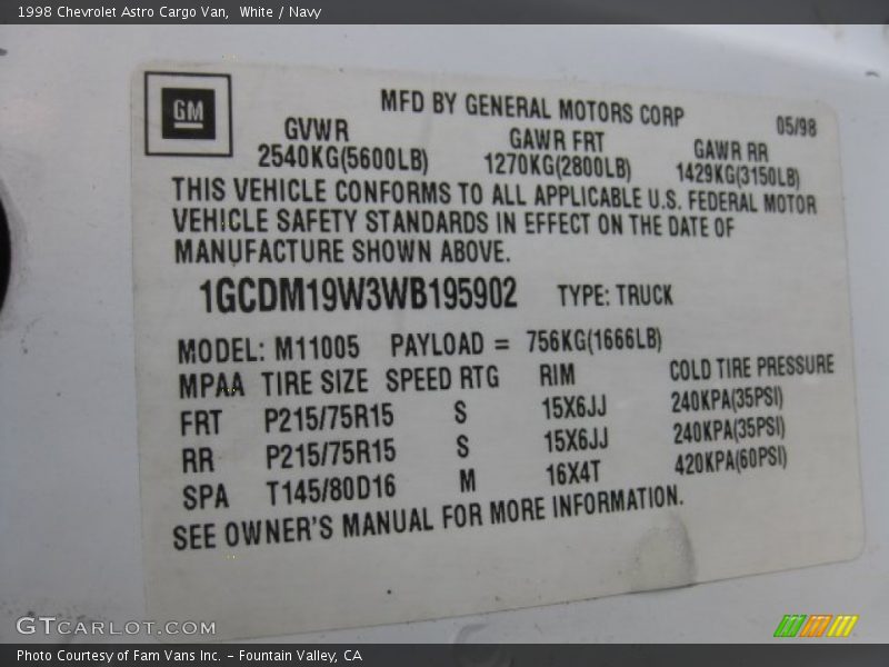 White / Navy 1998 Chevrolet Astro Cargo Van